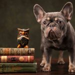 A dog stands beside a stack of books, with an owl perched atop the books, creating a whimsical scene